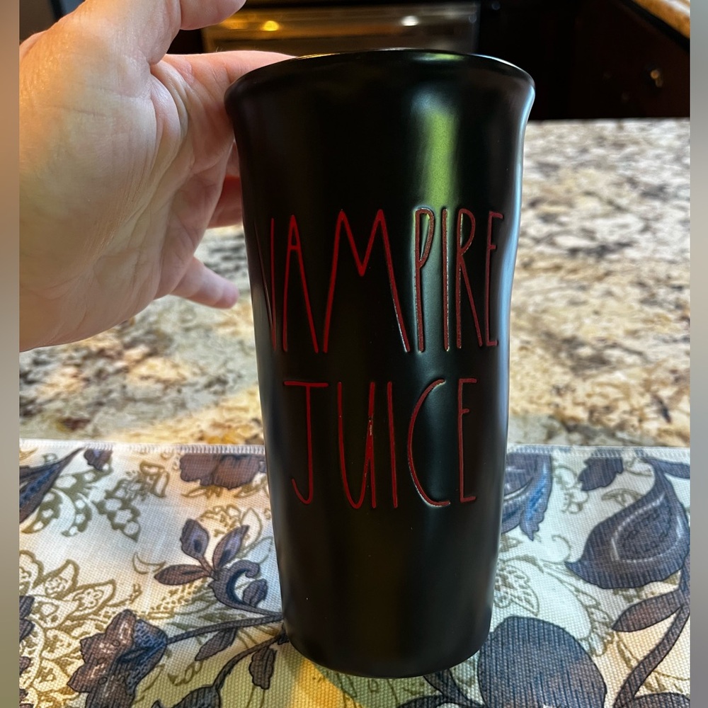 NEW Rae Dunn “Vampire Juice”Black & Red Ceramic Travel Tumbler w/Lid, 12oz